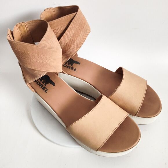 Sorel Sandals Size 8 Tan Wedge Heel Platform Cross Ankle Strap Open Toe Cameron - Picture 10 of 12